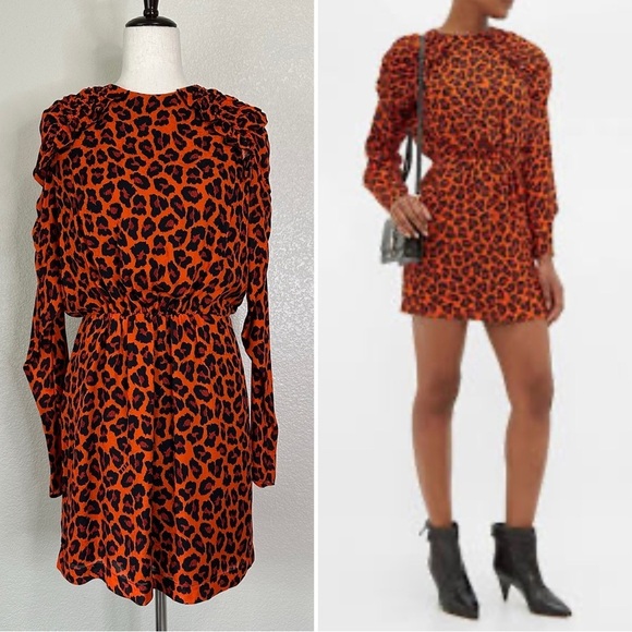 MSGM Milano Ruffled Orange Leopard Print Crepe Mini Dress, Sz Medium - Picture 1 of 13